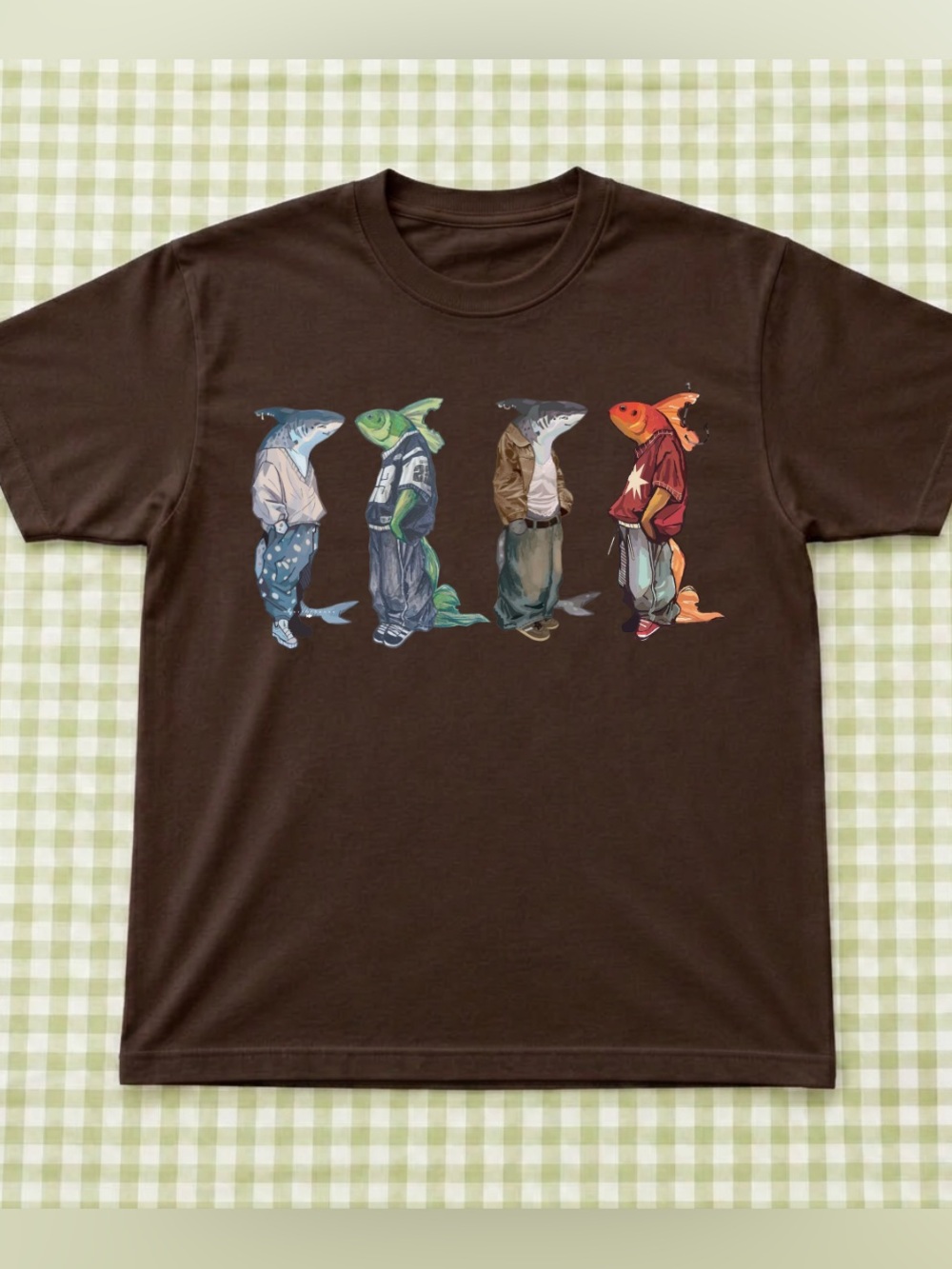 Dark Brown Cute Fish Graphic Tee, Colorful Shark and Goldfish Characters